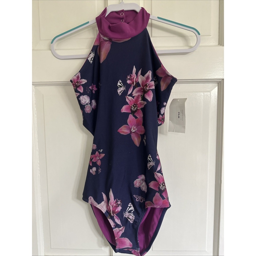 Purple Pixies Printed Double Time Leotard Navy/Floral Sz. M Halter Open Back